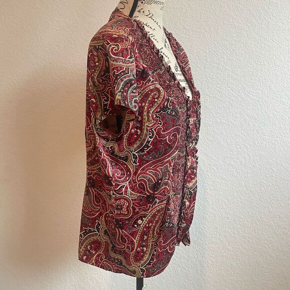 VTG Coldwater creek Womens BLouse Red‎ Large Paisley 100% Silk Vneck Ruffle Boho - Picture 2 of 10